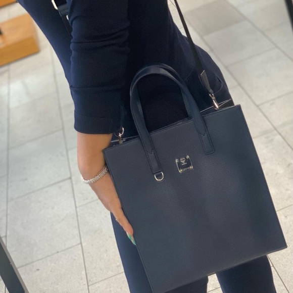 MCM Navy/Black Leather Messenger Tote Bag with Camo/Floral Print - Picture 9 of 17